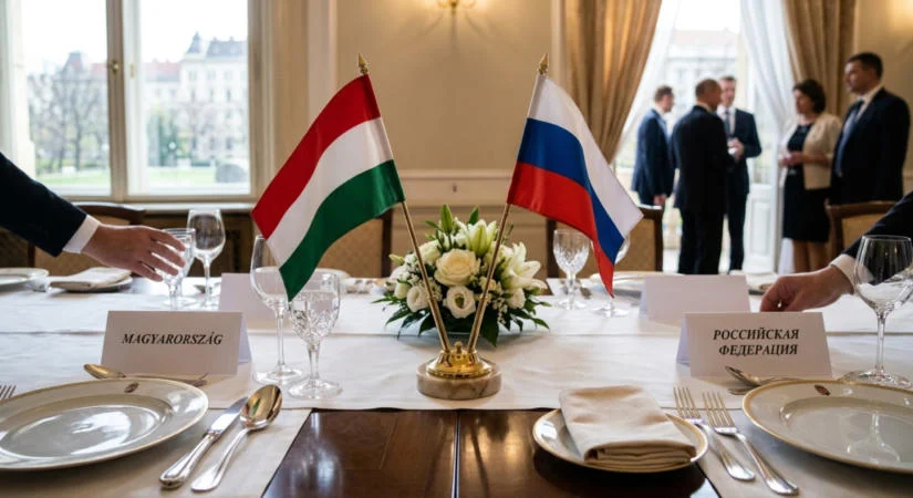Banderas de Hungría y Rusia colocadas sobre una mesa preparada para una reunión diplomática bilateral.
