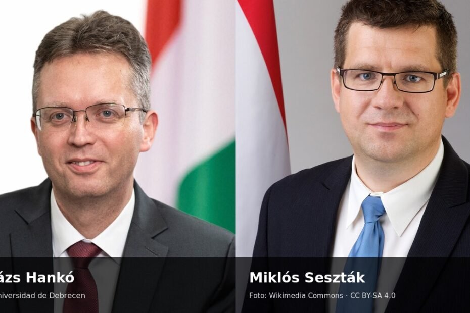 Retratos de Balázs Hankó y Miklós Seszták, dos exministros húngaros investigados tras perder su inmunidad parlamentaria.