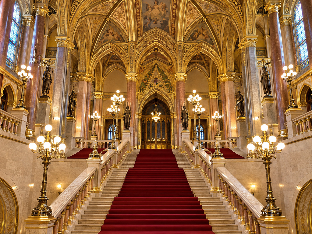 Gran escalera ceremonial en el interior del Parlamento de Budapest