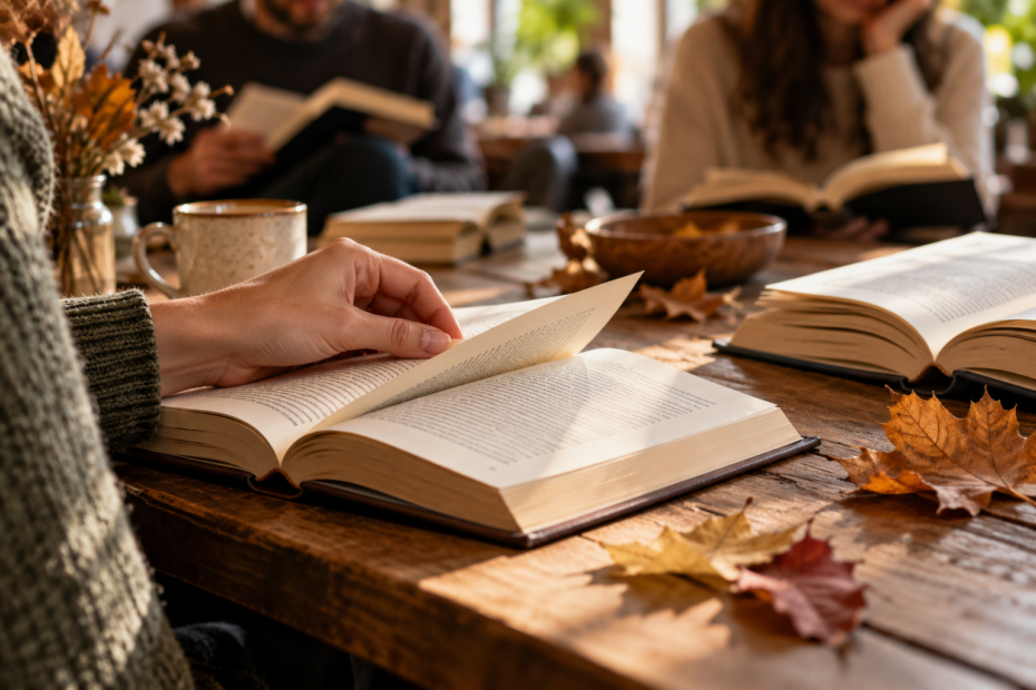 Lectores hojean libros en una mesa durante el otoño, ilustración conceptual del festival literario Margó