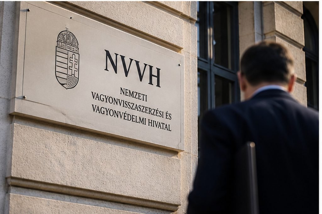 Placa de la Oficina Nacional de Recuperación y Protección de Bienes de Hungría, NVVH, junto a la entrada de su sede.
