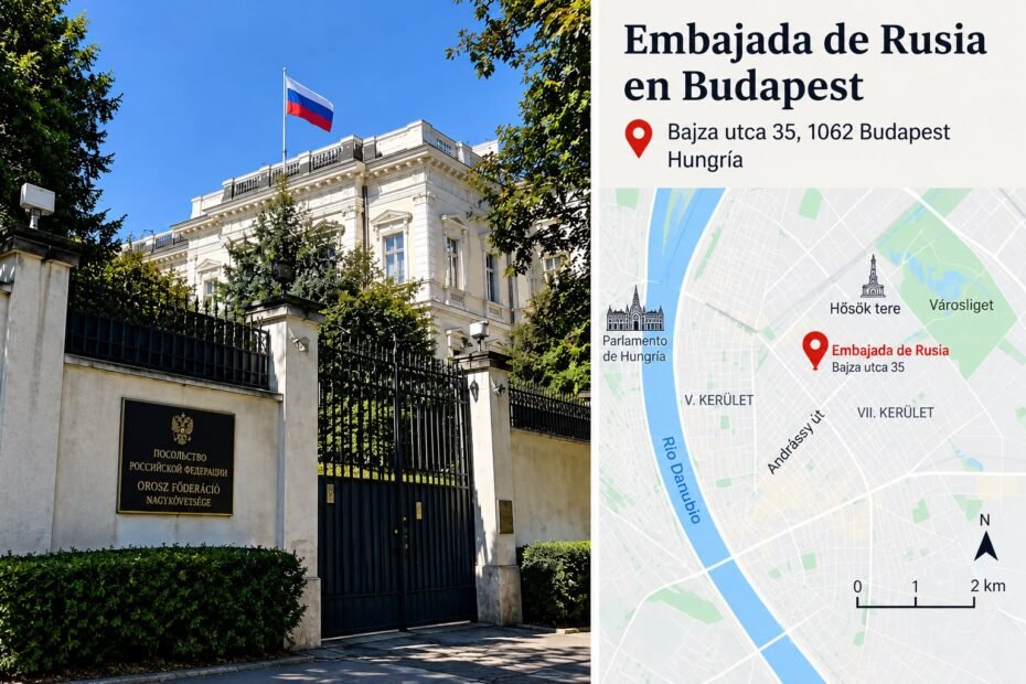 Embajada de Rusia en Budapest, situada en Bajza utca 35, con mapa de su ubicación en la capital húngara.