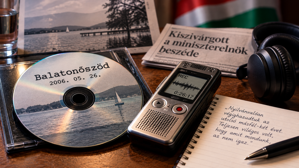 lustración de un CD y una grabadora en referencia a la filtración del discurso de Balatonőszöd de 2006