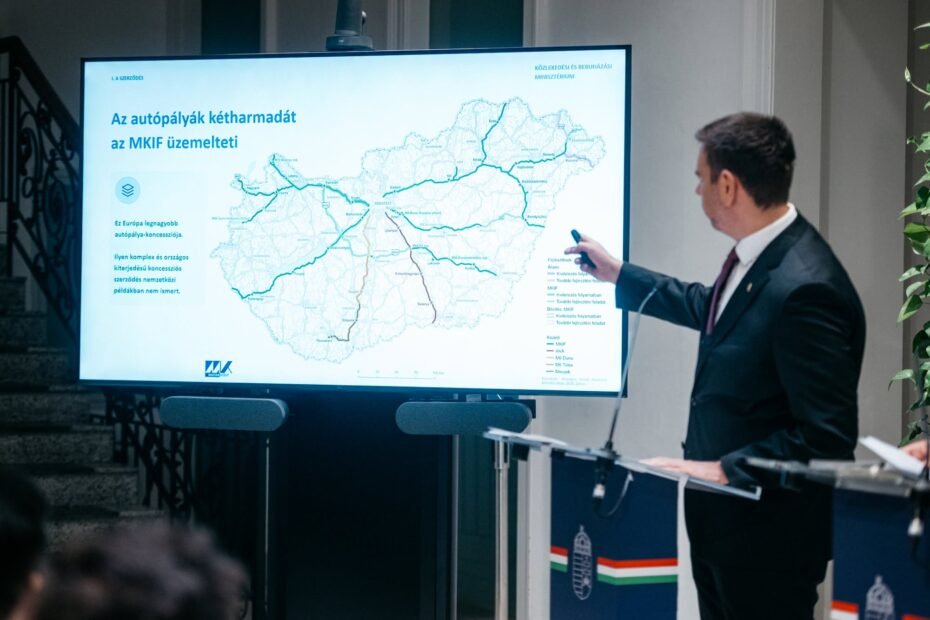 Dávid Vitézy presenta la red de autopistas gestionada por MKIF durante la conferencia de prensa del 18 de septiembre de 2026