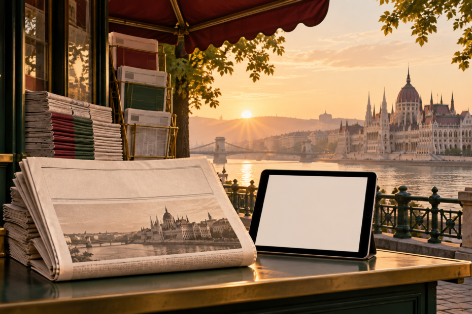 Ilustración de periódicos impresos y una tableta junto al Danubio en Budapest, símbolo del anunciado regreso de Népszabadság