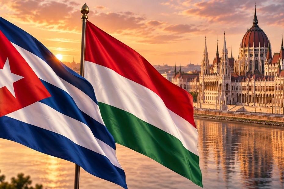 Ilustración editorial de las banderas de Cuba y Hungría frente al Parlamento de Budapest y el Danubio.