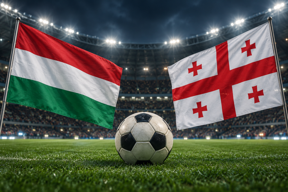 Banderas de Hungría y Georgia junto a un balón de fútbol en un estadio