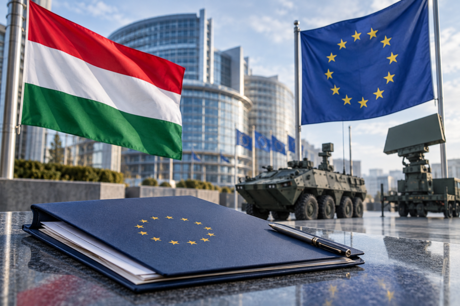 Banderas de Hungría y la Unión Europea junto a proyectos de defensa y una carpeta financiera