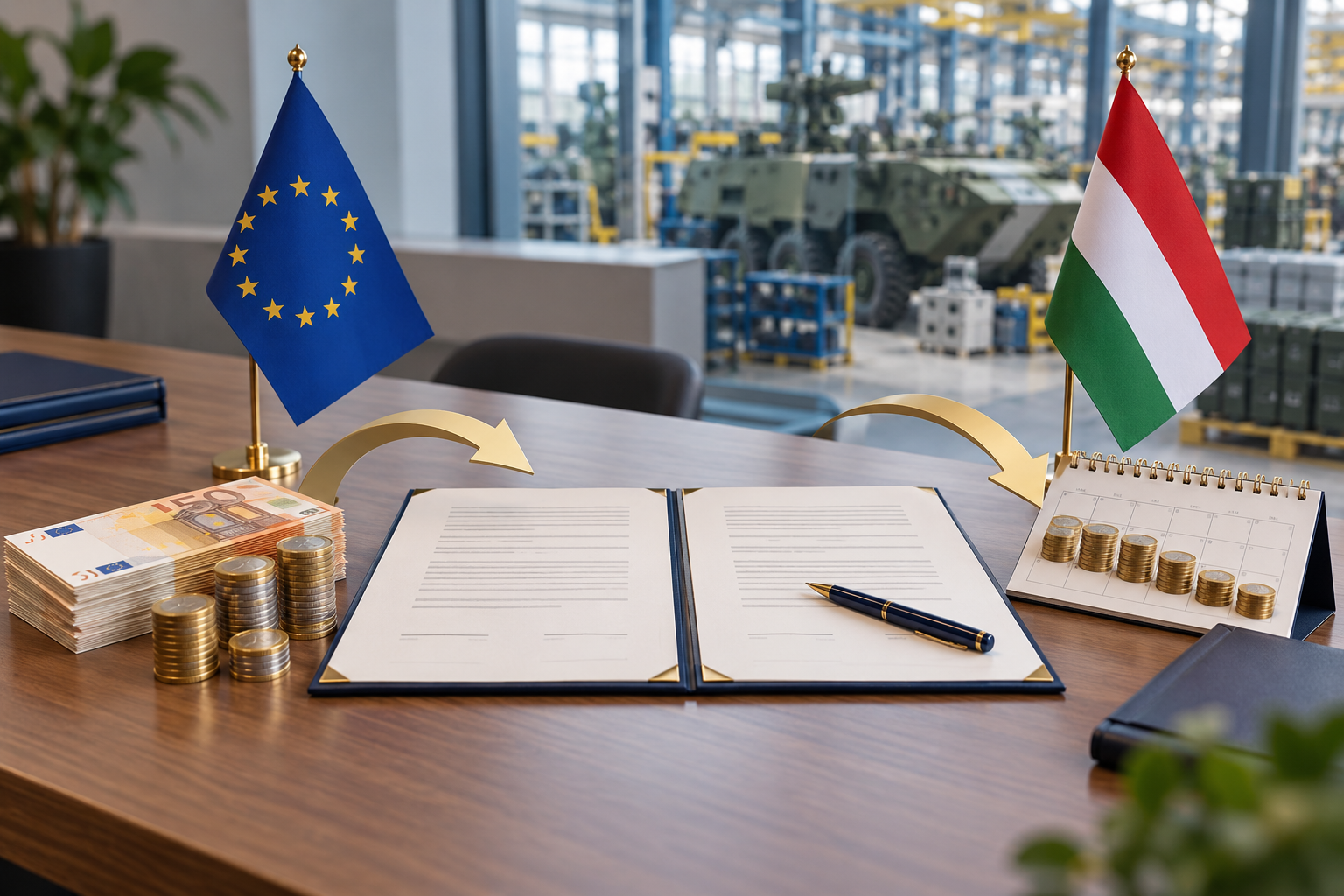 Contrato de préstamo, euros, calendario de pagos y banderas de Hungría y la Unión Europea