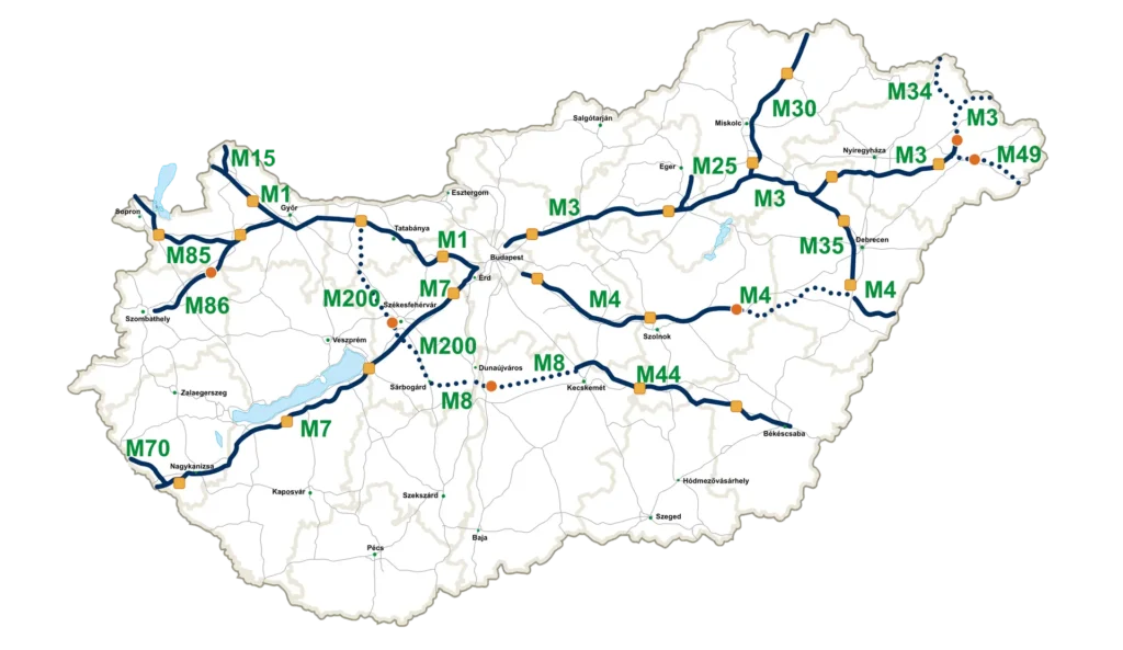 Mapa de la red de autopistas de Hungría gestionada por MKIF
