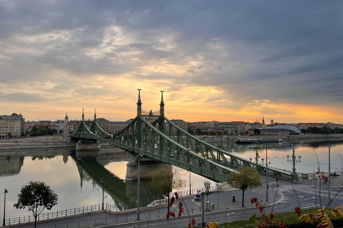 Estructura verde del Puente de la Libertad iluminada al amanecer en Budapest