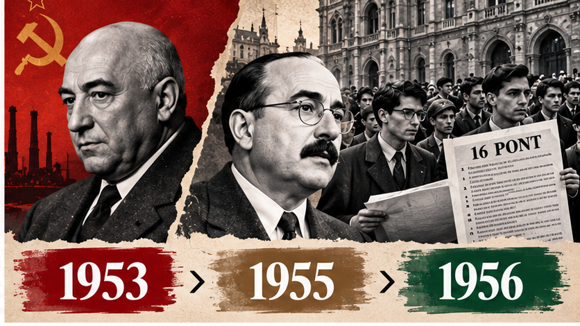 Infografía editorial sobre la evolución política de Hungría entre 1953 y 1956, antes del estallido revolucionario.
