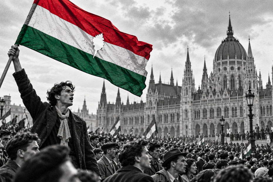 Ilustración editorial de una manifestación de 1956 en Kossuth Lajos tér, Budapest, en blanco y negro con la bandera húngara a color.
