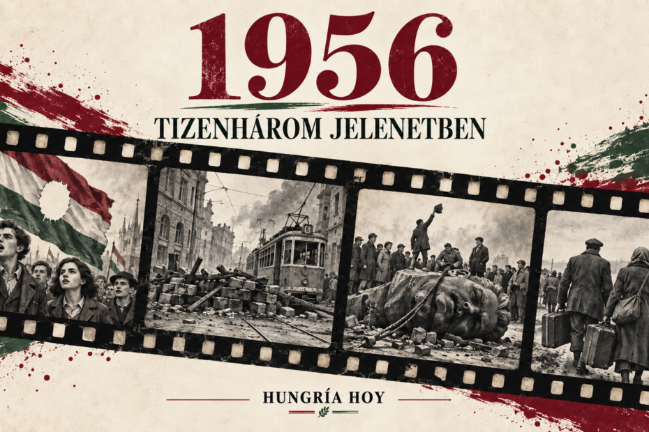 1956 tizenhárom jelenetben: filmszalagot idéző történelmi illusztráció. Mesterséges intelligenciával készült.