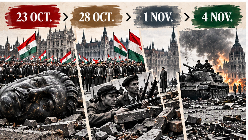 Infografía editorial con fechas clave de la Revolución húngara entre el 23 de octubre y el 4 de noviembre de 1956.