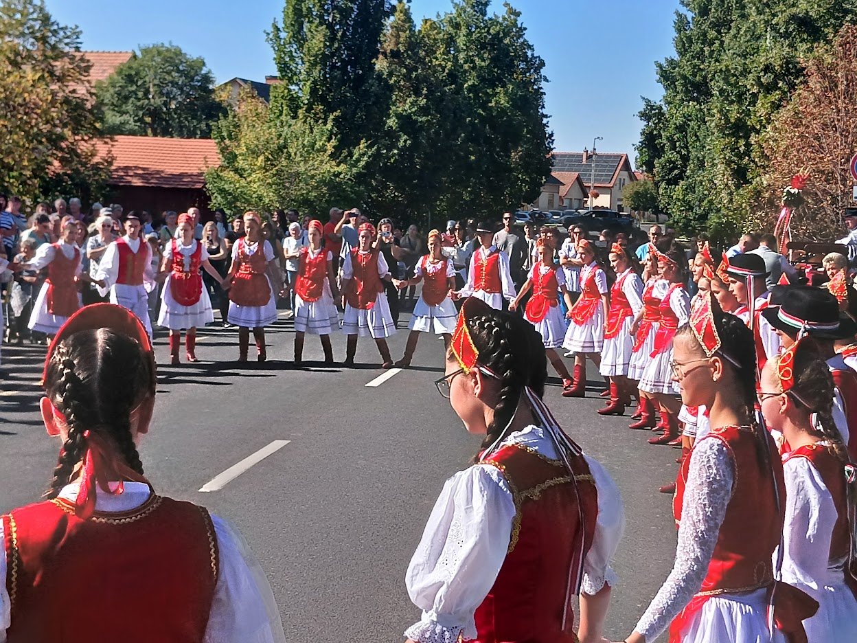 Participantes con trajes rojos y blancos en el desfile de Alsónémedi