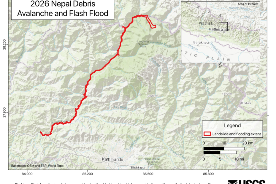 Mapa del USGS con el área del desprendimiento y la inundación del 26 de agosto de 2026 en Nepal, marcada en rojo.