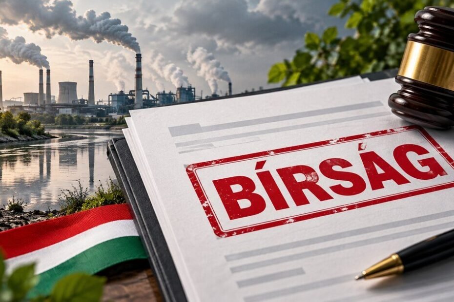Documento con la palabra húngara BÍRSÁG ante una instalación industrial y símbolos ambientales