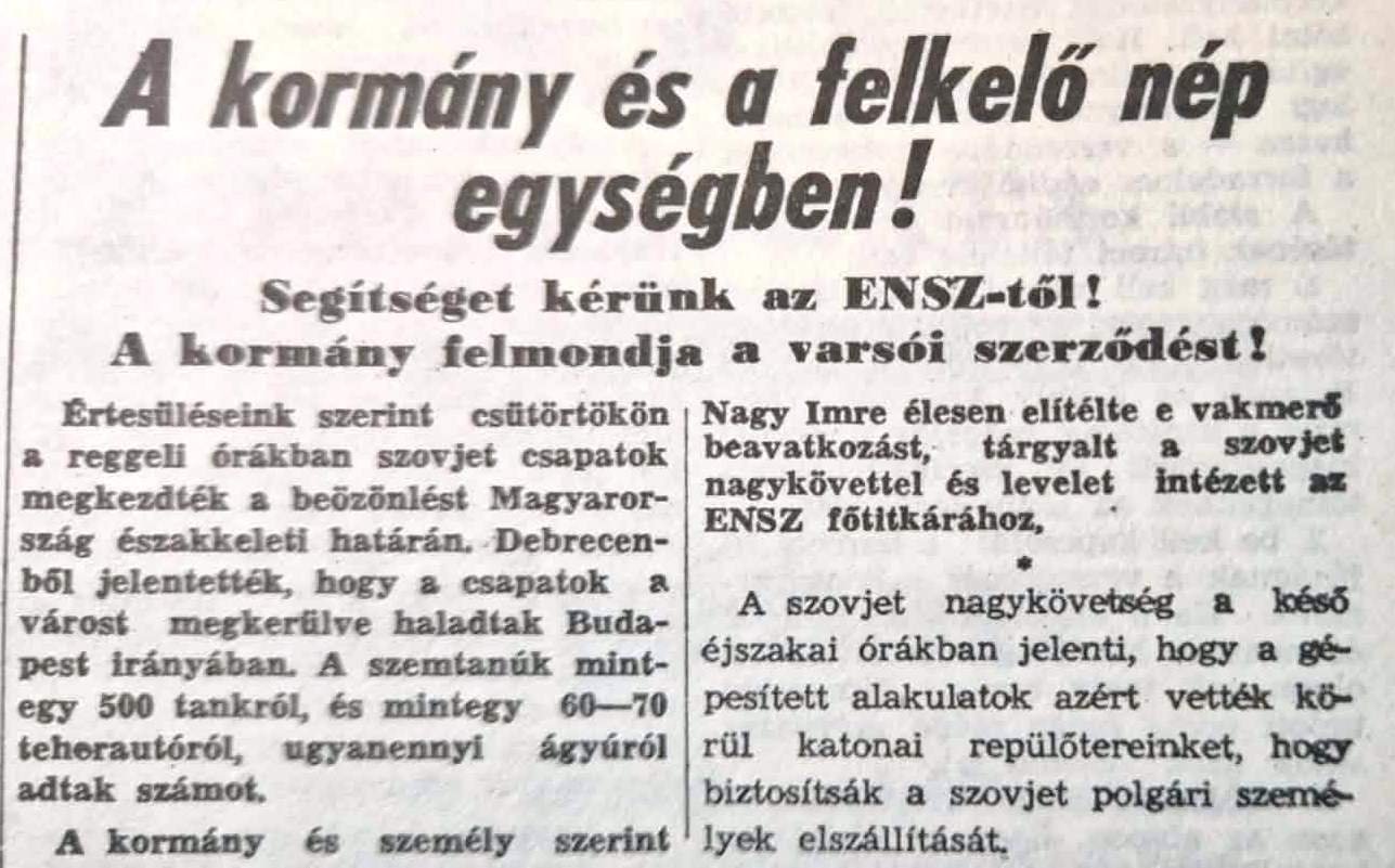 Recorte de prensa de 1956 con el titular «El gobierno y el pueblo insurgente, unidos» y referencias a la ONU y al Pacto de Varsovia.