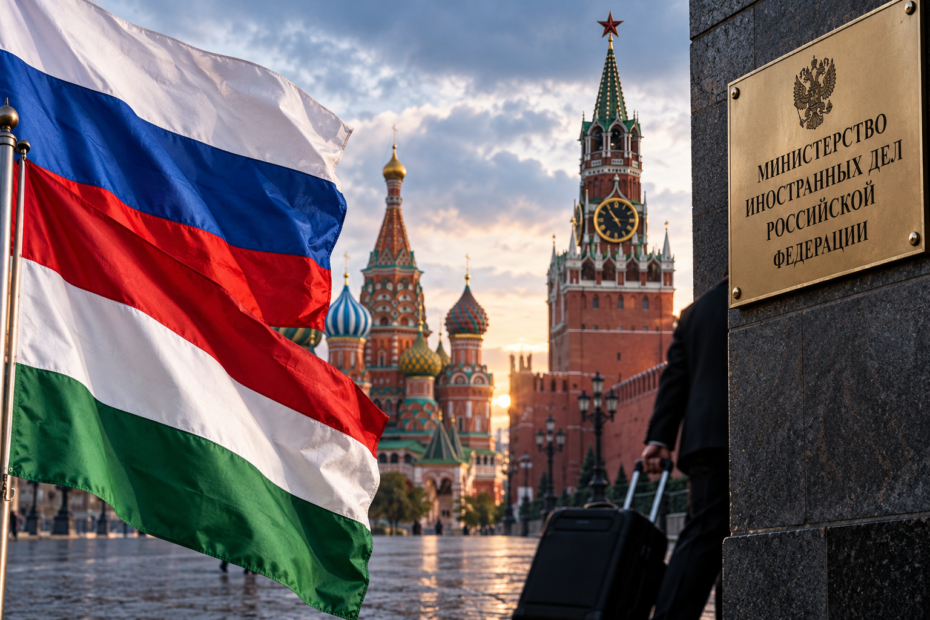 Ilustración sobre la expulsión de diplomáticos húngaros de Rusia, con las banderas de Hungría y Rusia y Moscú al fondo