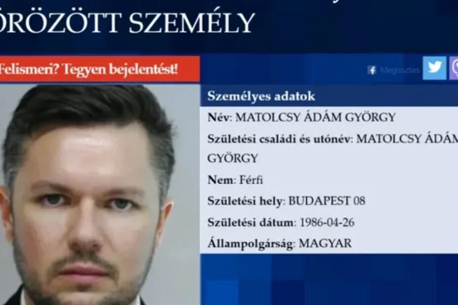 Ádám Matolcsy junto a un aviso de búsqueda de la policía húngara