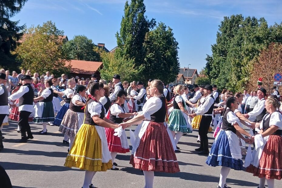 Bailarines con trajes tradicionales y faldas de colores en la vendimia de Alsónémedi