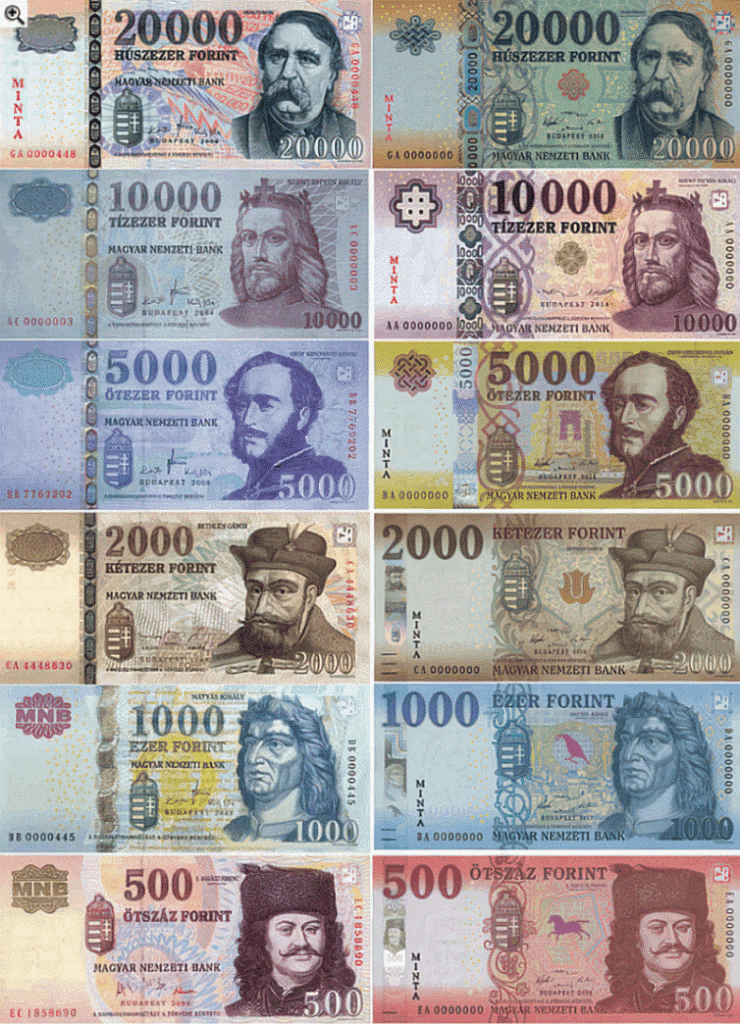 Anverso y reverso de distintos billetes húngaros de forintos