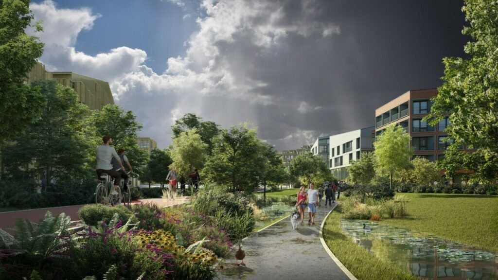 Visualización de una zona verde y peatonal del futuro barrio Diákváros en Budapest