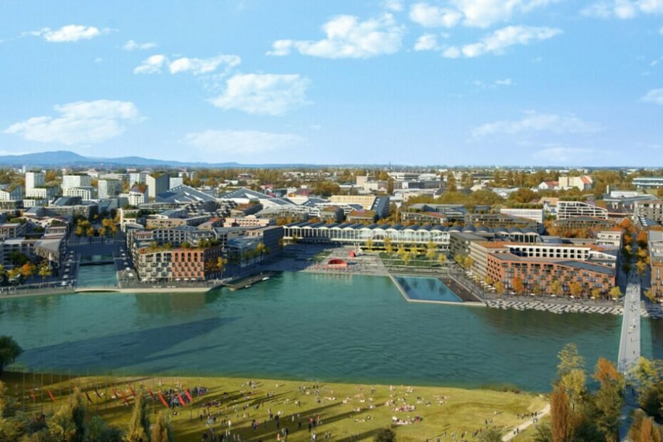 Visualización aérea del proyecto Diákváros junto al brazo de Soroksár del Danubio en Budapest