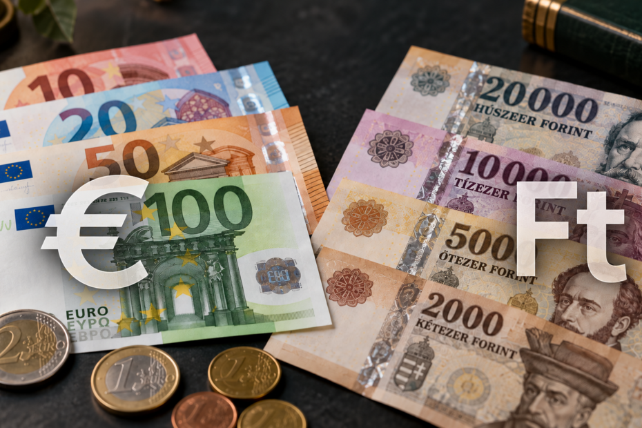 Billetes de euros y forintos húngaros con los símbolos € y Ft