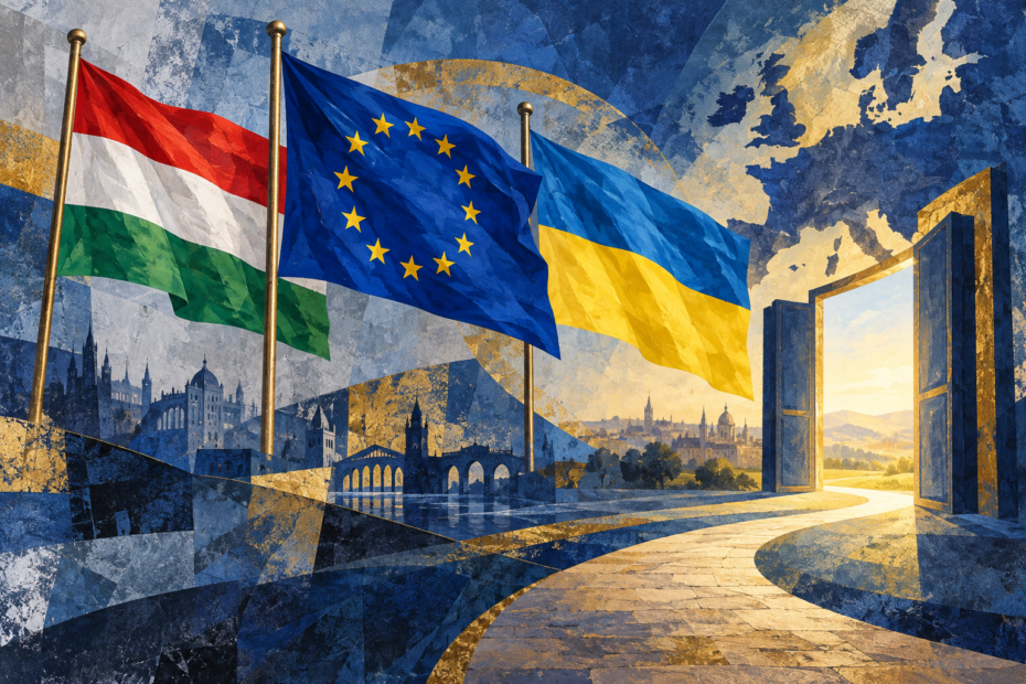 Ilustración de las banderas de Hungría, Ucrania y la Unión Europea junto a una puerta abierta simbólica.