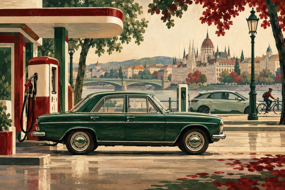 Ilustración de un automóvil antiguo junto a un surtidor, con movilidad moderna y Budapest al fondo.