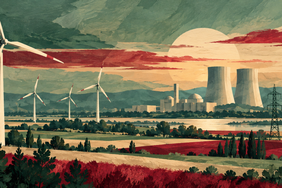 Ilustración de aerogeneradores, red eléctrica y una instalación nuclear simbólica.