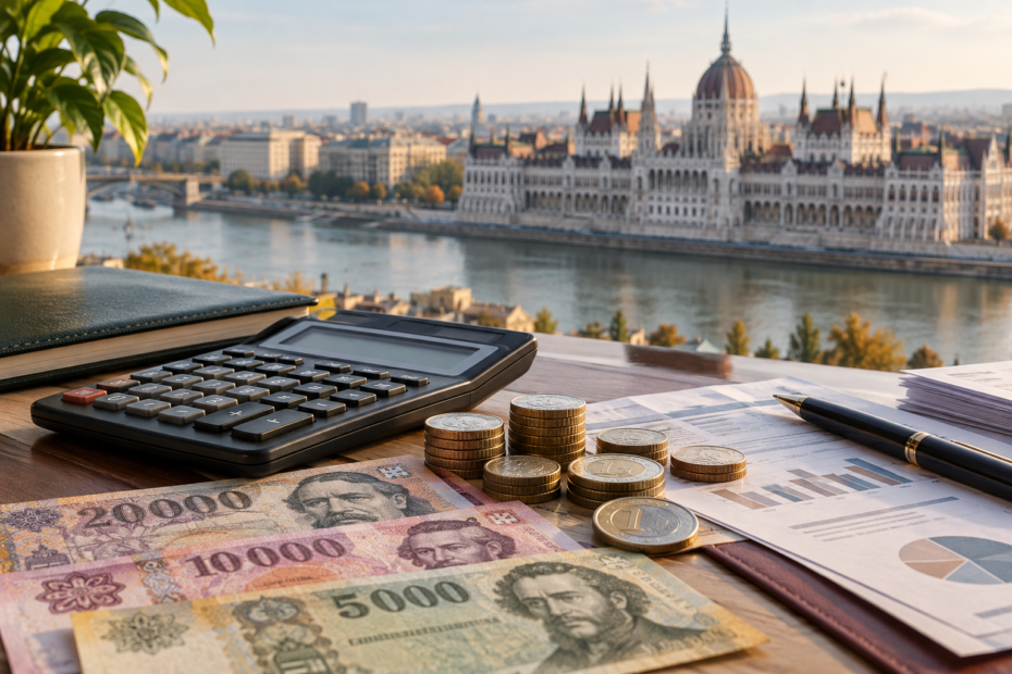 Calculadora, forintos y euros con el Parlamento húngaro al fondo