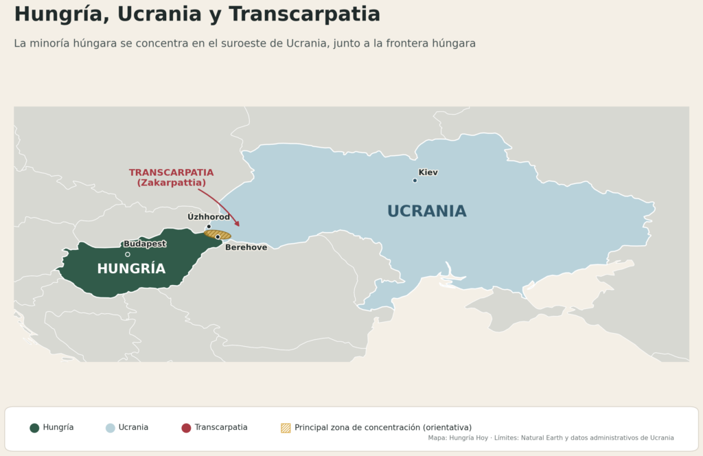 Mapa de Hungría y Ucrania con Transcarpatia y la principal zona de concentración de la minoría húngara