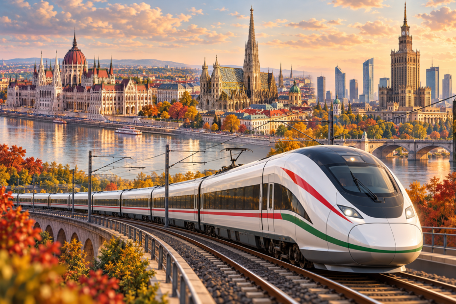 Ilustración de un tren de alta velocidad ante monumentos de Budapest, Viena y Varsovia.