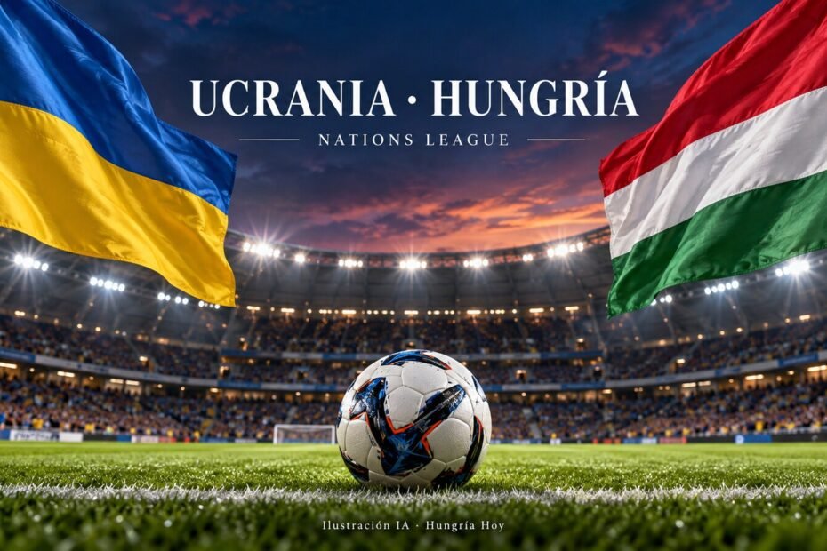 Ilustración de las banderas de Ucrania y Hungría y un balón sobre una cancha de fútbol